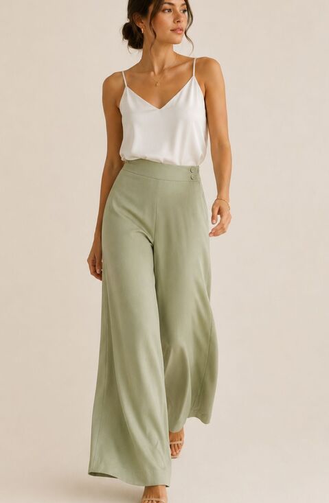 valeria Stevens Pants - 100% Silk Wide Leg Pants Women’s Sage Green Petite Coastal Minimalist
